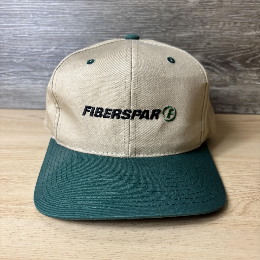 Vintage Fiberspar Hat Cap Snap Back Tan Green Embroidered Cotton Twill Baseball